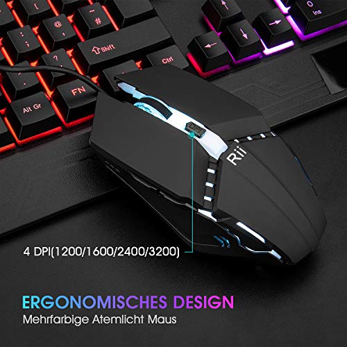 Rii Gaming Tastatur und Maus Set, Maus und Tastatur, RGB Hintergrundbeleuchtung QWERTZ (DE-Layout), Regenbogen Farben Beleuchtete USB Wasserdicht Tastatur und Maus mit 3200 für Pro PC Gamer Bild 3