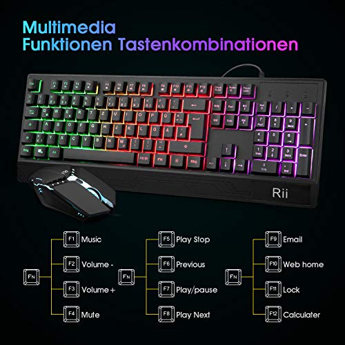 Rii Gaming Tastatur und Maus Set, Maus und Tastatur, RGB Hintergrundbeleuchtung QWERTZ (DE-Layout), Regenbogen Farben Beleuchtete USB Wasserdicht Tastatur und Maus mit 3200 für Pro PC Gamer Bild 4