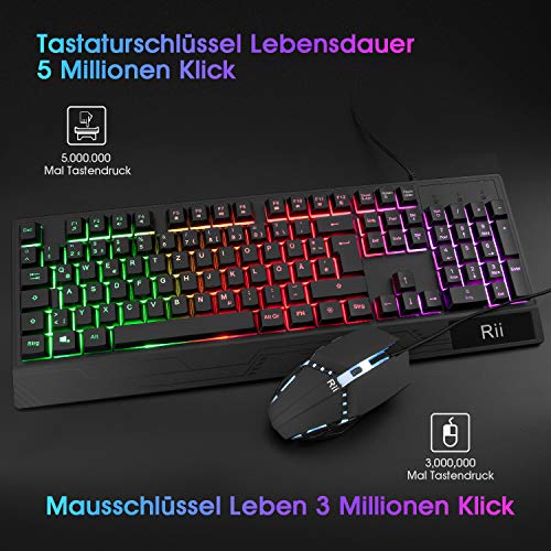 Rii Gaming Tastatur und Maus Set, Maus und Tastatur, RGB Hintergrundbeleuchtung QWERTZ (DE-Layout), Regenbogen Farben Beleuchtete USB Wasserdicht Tastatur und Maus mit 3200 für Pro PC Gamer Bild 5