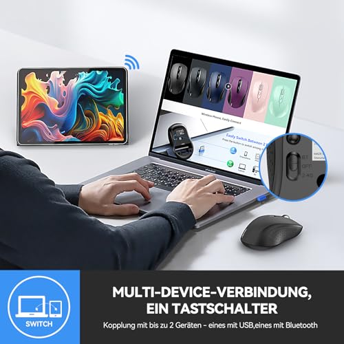 TECKNET Bluetooth Maus, 4000 DPI Maus Kabellos (Tri-Mode: BT 5.0/3.0+2.4GHz) Funkmaus mit USB-Empfänger, Ergonomische Tragbare Mouse Bluetooth für Laptop PC Computer, Mac OS, Android, Windows, Schwarz Bild 2