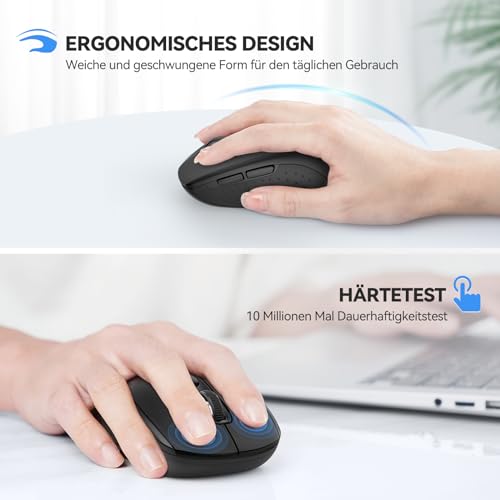 TECKNET Bluetooth Maus, 4000 DPI Maus Kabellos (Tri-Mode: BT 5.0/3.0+2.4GHz) Funkmaus mit USB-Empfänger, Ergonomische Tragbare Mouse Bluetooth für Laptop PC Computer, Mac OS, Android, Windows, Schwarz Bild 4