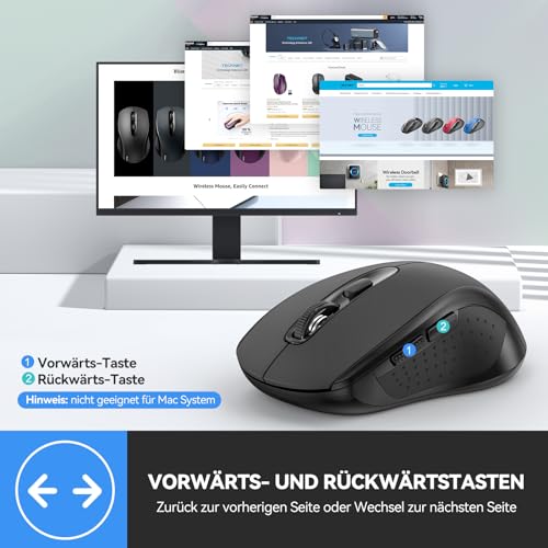 TECKNET Bluetooth Maus, 4000 DPI Maus Kabellos (Tri-Mode: BT 5.0/3.0+2.4GHz) Funkmaus mit USB-Empfänger, Ergonomische Tragbare Mouse Bluetooth für Laptop PC Computer, Mac OS, Android, Windows, Schwarz Bild 6