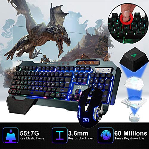 LexonElec Wireless 2.4G wiederaufladbare Tastatur Maus Set 3800mAh Große Kapazität Regenbogen-Gamer-Tastatur mit Hintergrundbeleuchtung 2400DPI 7 Farben Atmungsmaus e Mäuse Großes RGB-Gaming-Mauspad Bild 3