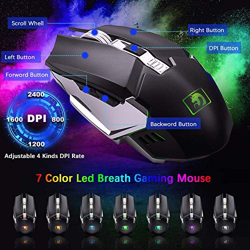 LexonElec Wireless 2.4G wiederaufladbare Tastatur Maus Set 3800mAh Große Kapazität Regenbogen-Gamer-Tastatur mit Hintergrundbeleuchtung 2400DPI 7 Farben Atmungsmaus e Mäuse Großes RGB-Gaming-Mauspad Bild 4