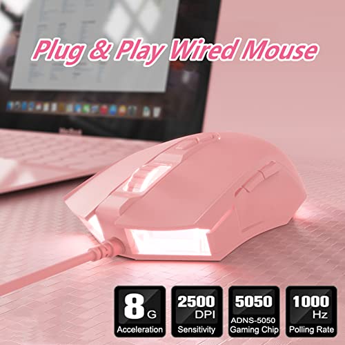 Lomiluskr AJ52 Gaming-Maus, kabelgebunden, 7 programmierbare Tasten, Computermäuse mit RGB-LED-Hintergrundbeleuchtung, 200–4800 DPI einstellbar, für Windows/Mac OS/Linux (Pink) Bild 2