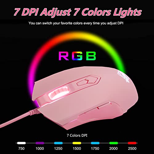 Lomiluskr AJ52 Gaming-Maus, kabelgebunden, 7 programmierbare Tasten, Computermäuse mit RGB-LED-Hintergrundbeleuchtung, 200–4800 DPI einstellbar, für Windows/Mac OS/Linux (Pink) Bild 3