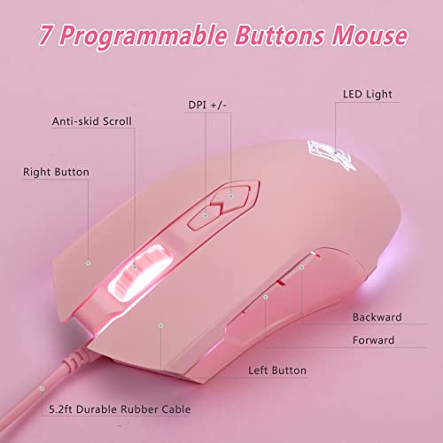 Lomiluskr AJ52 Gaming-Maus, kabelgebunden, 7 programmierbare Tasten, Computermäuse mit RGB-LED-Hintergrundbeleuchtung, 200–4800 DPI einstellbar, für Windows/Mac OS/Linux (Pink) Bild 7