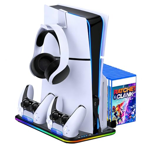 PS5 Stand Kühlstation für PS5/PS5 Slim/PS5 Pro,Vertikalständer mit Ultra-Lüfter und Buntem Licht, Headset-Halterung,PS5-Zubehör,Schwarz Bild 1