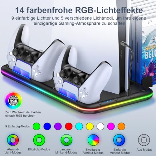 PS5 Stand Kühlstation für PS5/PS5 Slim/PS5 Pro,Vertikalständer mit Ultra-Lüfter und Buntem Licht, Headset-Halterung,PS5-Zubehör,Schwarz Bild 3