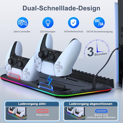 PS5 Stand Kühlstation für PS5/PS5 Slim/PS5 Pro,Vertikalständer mit Ultra-Lüfter und Buntem Licht, Headset-Halterung,PS5-Zubehör,Schwarz Bild 4