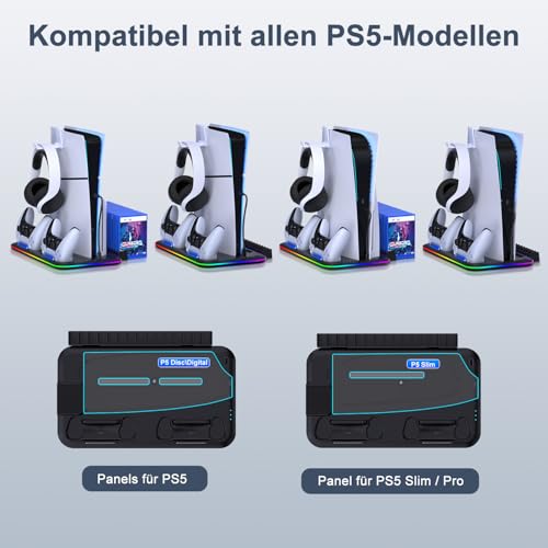 PS5 Stand Kühlstation für PS5/PS5 Slim/PS5 Pro,Vertikalständer mit Ultra-Lüfter und Buntem Licht, Headset-Halterung,PS5-Zubehör,Schwarz Bild 5