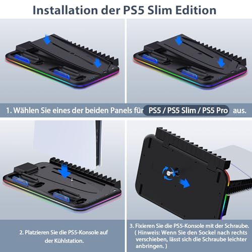 PS5 Stand Kühlstation für PS5/PS5 Slim/PS5 Pro,Vertikalständer mit Ultra-Lüfter und Buntem Licht, Headset-Halterung,PS5-Zubehör,Schwarz Bild 6