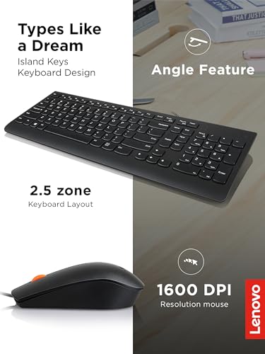 Lenovo 300 USB Combo, Full-Size Wired Tastatur & Maus, Ergonomische, Links- oder Rechtshänder, Optische Maus, GX30M39606, Schwarz Bild 3