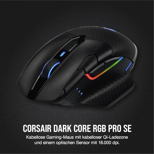 CORSAIR DARK CORE RGB PRO SE Drahtlose FPS/MOBA-Gaming-Maus mit Qi-Wireless-Ladefunktion – 18,000 DPI – 8 Programmierbare Tasten – iCUE-Kompatibel – PC, Mac, PS5, PS4, Xbox – Schwarz Bild 3