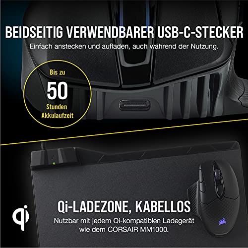 CORSAIR DARK CORE RGB PRO SE Drahtlose FPS/MOBA-Gaming-Maus mit Qi-Wireless-Ladefunktion – 18,000 DPI – 8 Programmierbare Tasten – iCUE-Kompatibel – PC, Mac, PS5, PS4, Xbox – Schwarz Bild 6