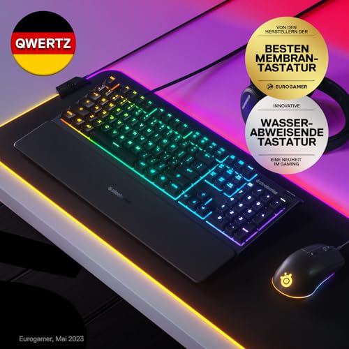 SteelSeries Apex 3 Gaming Tastatur - 10-Zonen RGB-Beleuchtung - Flüsterleise Gaming-Switches - Premium magnetische Handballenauflage - IP32 wassergeschützt - Deutsches (QWERTZ) Layout Bild 2