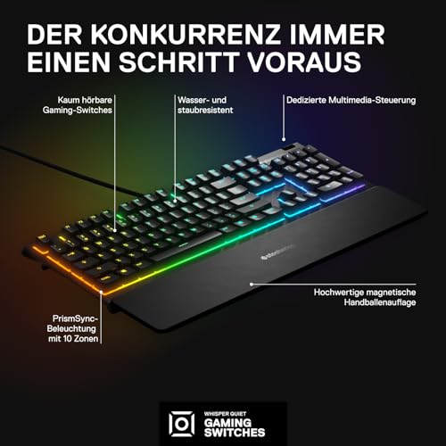 SteelSeries Apex 3 Gaming Tastatur - 10-Zonen RGB-Beleuchtung - Flüsterleise Gaming-Switches - Premium magnetische Handballenauflage - IP32 wassergeschützt - Deutsches (QWERTZ) Layout Bild 3