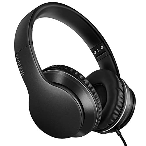 LORELEI X6 Over-Ear Headphones with Microphone, Lightweight Foldable & Portable Stereo Bass Headphones with 1.45M No-Tangle, Wired Headphones for Smartphone Tablet MP3 / 4 (Space Black) Bild 1