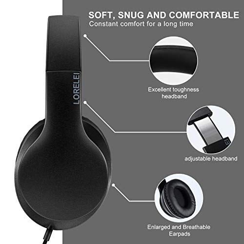 LORELEI X6 Over-Ear Headphones with Microphone, Lightweight Foldable & Portable Stereo Bass Headphones with 1.45M No-Tangle, Wired Headphones for Smartphone Tablet MP3 / 4 (Space Black) Bild 4