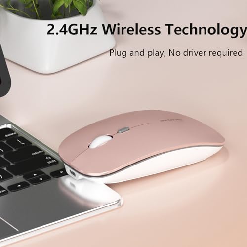 Uiosmuph Q5 Kabellos Maus, Wiederaufladbar Funkmaus 2.4G Leise Funkmaus Ultra Dünn Wireless Computermaus 1600 DPI Mit Mäuse mit USB-Empfänger Typ C für Laptop, PC, Linux, MacBook (Rose Gold) Bild 5
