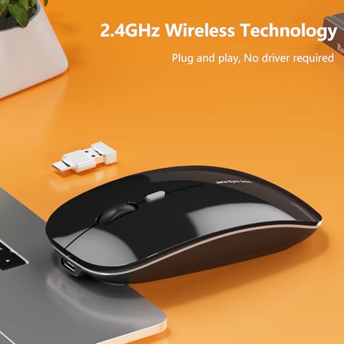 Uiosmuph Q5 Kabellos Maus, Wiederaufladbar Funkmaus 2.4G Leise Funkmaus Ultra Dünn Wireless Computermaus 1600 DPI Mit Mäuse mit USB-Empfänger Typ C für Laptop, PC, Linux, MacBook (Schwarz) Bild 2