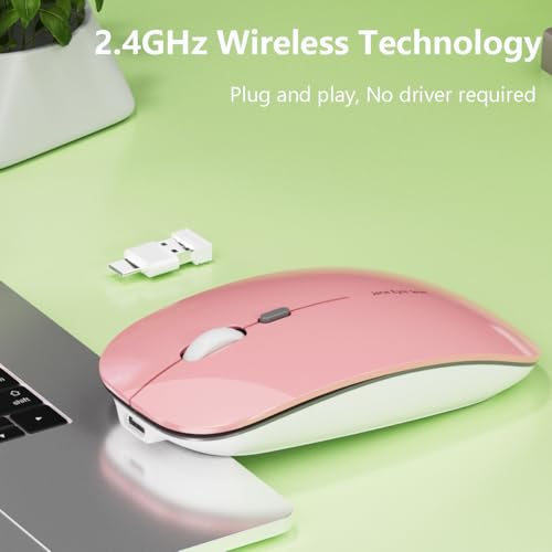 Uiosmuph Q5 Kabellos Maus, Wiederaufladbar Funkmaus 2.4G Leise Funkmaus Ultra Dünn Wireless Computermaus 1600 DPI Mit Mäuse mit USB-Empfänger Typ C für Laptop, PC, Linux, MacBook (Rosa) Bild 2