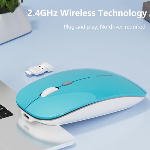 Uiosmuph Q5 Kabellos Maus, Wiederaufladbar Funkmaus 2.4G Leise Funkmaus Ultra Dünn Wireless Computermaus 1600 DPI Mit Mäuse mit USB-Empfänger Typ C für Laptop, PC, Linux (Blau) Bild 2