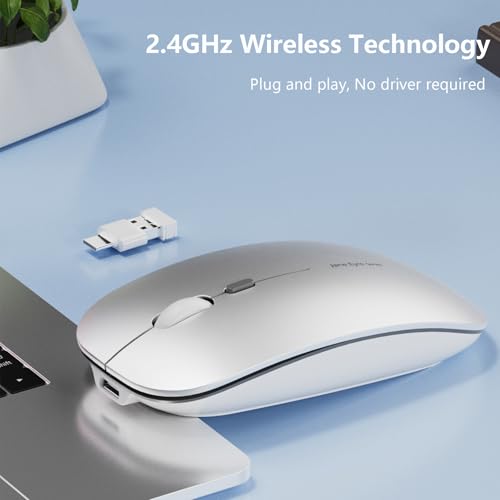 Uiosmuph Q5 Kabellos Maus, Wiederaufladbar Funkmaus 2.4G Leise Funkmaus Ultra Dünn Wireless Computermaus 1600 DPI Mit Mäuse mit USB-Empfänger Typ C für Laptop, PC, Linux, MacBook (Sliver) Bild 2