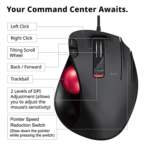 ELECOM EX-G Trackball-Maus, kabelgebunden, Daumensteuerung, ergonomisches Design, 5-Tasten-Funktion mit reibungslosem Tracking, ergonomisches Design, optischer Gaming-Sensor, glatter roter Ball, Bild 5