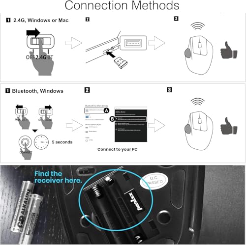 Perixx PERIMICE-720 Kabellose 2.4 GHz und Bluetooth Ergonomische Trackball Maus, Anpassbarer Winkel, 2 DPI Level, Schwarz Bild 5