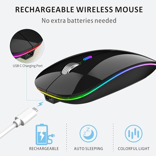 Uiosmuph G12 Maus Kabellos, LED 2.4G Leise Funkmaus Wiederaufladbar Wireless Mousemit Nano-USB-Empfänger 1600 DPI Computermaus für PC/Laptop/Windows/MacBook (glänzend schwarz) Bild 2