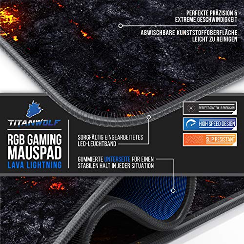 CSL-Computer Titanwolf Flash Gaming-Mauspad – 7 LED-Farben – 4 Effektmodi für Präzision und Geschwindigkeit – waschbare Gummiunterseite Lava Bild 3