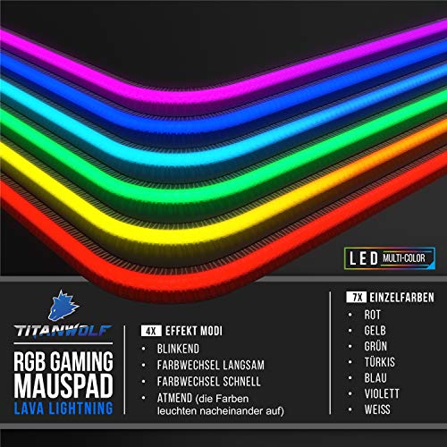 CSL-Computer Titanwolf Flash Gaming-Mauspad – 7 LED-Farben – 4 Effektmodi für Präzision und Geschwindigkeit – waschbare Gummiunterseite Lava Bild 4
