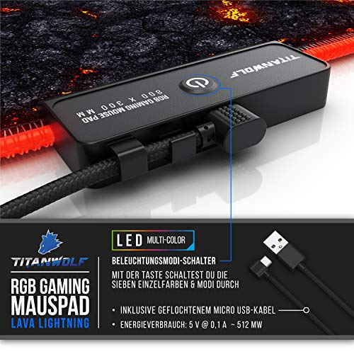 CSL-Computer Titanwolf Flash Gaming-Mauspad – 7 LED-Farben – 4 Effektmodi für Präzision und Geschwindigkeit – waschbare Gummiunterseite Lava Bild 5