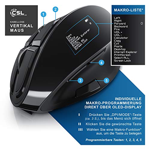 CSL - optische vertikale Maus kabellos - Wireless Mouse – Funkmaus mit OLED Display - 2,4 Ghz - gegen Mausarm - mit Kailh Switche - Vertikalmaus ergonomisches Design - programmierbare Tasten Bild 4