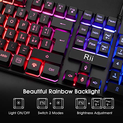 Rii Gaming RK108 (italienisches Layout) – Set mit Tastatur RK100+ und Gaming-Maus, LED-Hintergrundbeleuchtung, Empfindlichkeit einstellbar bis zu 3.200 dpi Bild 7
