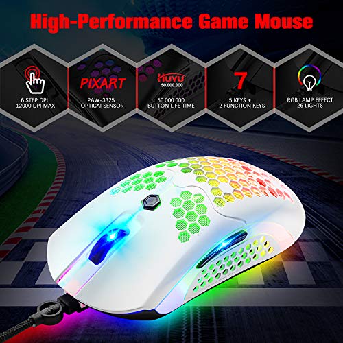 MAMBASNAKE Kabelgebundene leichte Gaming-Maus 65G, 26 RGB-beleuchtete USB-Gaming-Mäuse und 7 programmierbare Tasten, 12000 DPI, mit ultraleichter Wabenoberfläche Modell O für PC-Spieler, Xbox, PS4 Bild 5