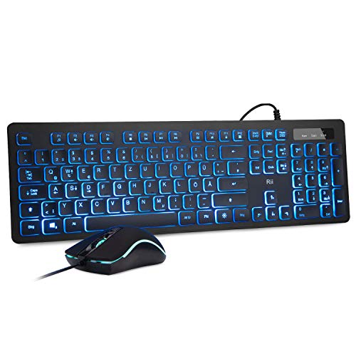Rii Gaming Tastatur und Maus Set mit Kabel, 3 LED Hintergrundbeleuchtung QWERTZ (DE-Layout), Kabelgebundene Tastatur mit Maus für PC, Computer, Laptop, Schwarz Bild 1