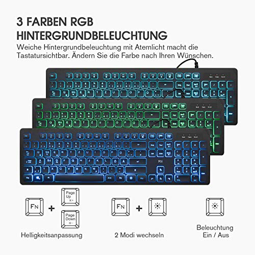 Rii Gaming Tastatur und Maus Set mit Kabel, 3 LED Hintergrundbeleuchtung QWERTZ (DE-Layout), Kabelgebundene Tastatur mit Maus für PC, Computer, Laptop, Schwarz Bild 2