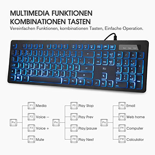 Rii Gaming Tastatur und Maus Set mit Kabel, 3 LED Hintergrundbeleuchtung QWERTZ (DE-Layout), Kabelgebundene Tastatur mit Maus für PC, Computer, Laptop, Schwarz Bild 3