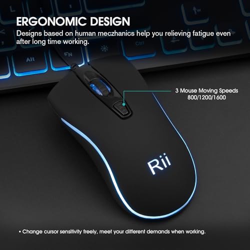 Rii Gaming Tastatur und Maus Set mit Kabel, 3 LED Hintergrundbeleuchtung QWERTZ (DE-Layout), Kabelgebundene Tastatur mit Maus für PC, Computer, Laptop, Schwarz Bild 4