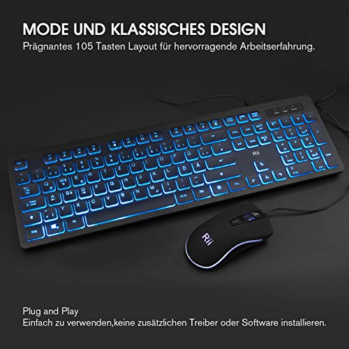 Rii Gaming Tastatur und Maus Set mit Kabel, 3 LED Hintergrundbeleuchtung QWERTZ (DE-Layout), Kabelgebundene Tastatur mit Maus für PC, Computer, Laptop, Schwarz Bild 5