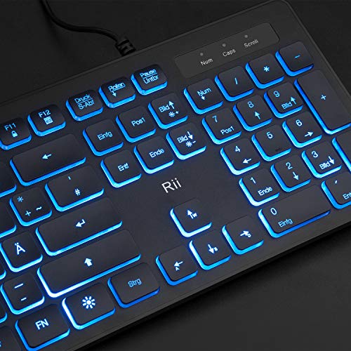 Rii Gaming Tastatur und Maus Set mit Kabel, 3 LED Hintergrundbeleuchtung QWERTZ (DE-Layout), Kabelgebundene Tastatur mit Maus für PC, Computer, Laptop, Schwarz Bild 6