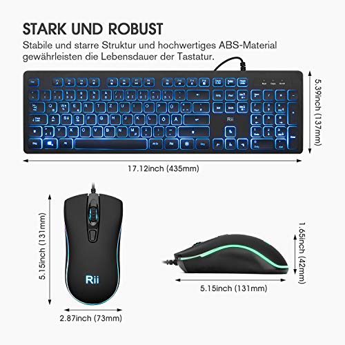 Rii Gaming Tastatur und Maus Set mit Kabel, 3 LED Hintergrundbeleuchtung QWERTZ (DE-Layout), Kabelgebundene Tastatur mit Maus für PC, Computer, Laptop, Schwarz Bild 7