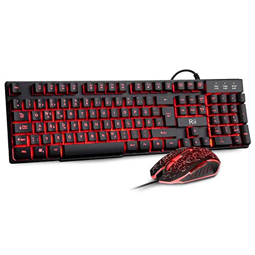 Rii Gaming Tastatur und Maus Set, 3 LED Hintergrundbeleuchtung, ideal für Gaming und Büro, Kompatibel mit PC (DE-Layout, Schwarz) Bild 1