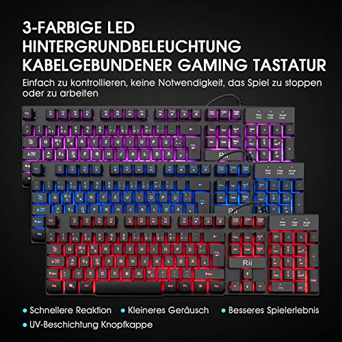 Rii Gaming Tastatur und Maus Set, 3 LED Hintergrundbeleuchtung, ideal für Gaming und Büro, Kompatibel mit PC (DE-Layout, Schwarz) Bild 2