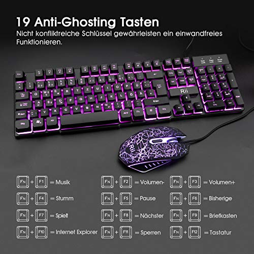 Rii Gaming Tastatur und Maus Set, 3 LED Hintergrundbeleuchtung, ideal für Gaming und Büro, Kompatibel mit PC (DE-Layout, Schwarz) Bild 3