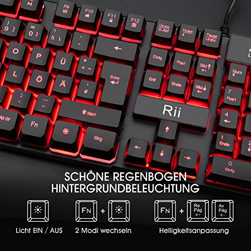 Rii Gaming Tastatur und Maus Set, 3 LED Hintergrundbeleuchtung, ideal für Gaming und Büro, Kompatibel mit PC (DE-Layout, Schwarz) Bild 4
