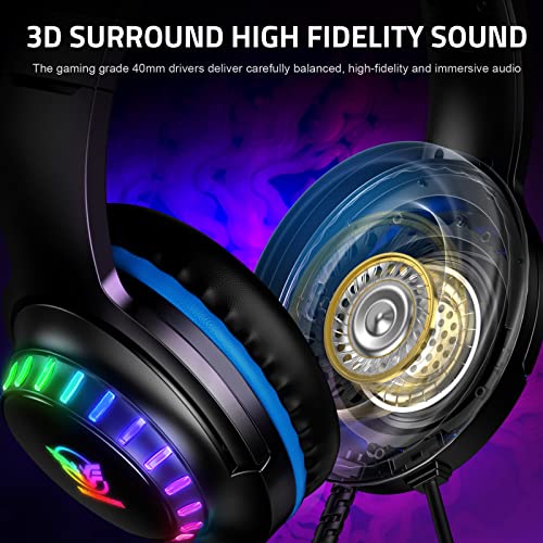Pacrate RGB Gaming Headset für PS4/PS5/Xbox One/PC/Nintendo Switch, PS4 Kopfhörer mit Kabel Xbox Headset mit Mikrofon, Noise Cancelling PS5 Headset mit RGB Lichter Bild 3