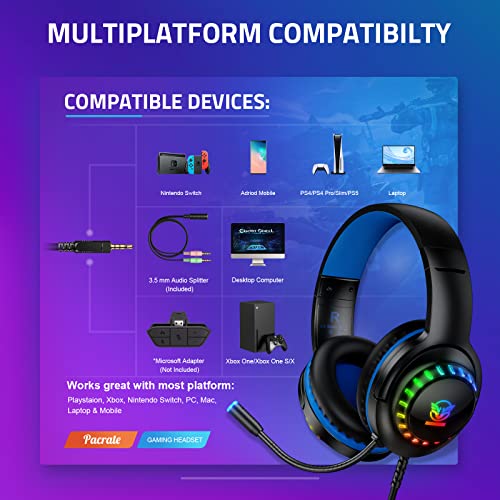 Pacrate RGB Gaming Headset für PS4/PS5/Xbox One/PC/Nintendo Switch, PS4 Kopfhörer mit Kabel Xbox Headset mit Mikrofon, Noise Cancelling PS5 Headset mit RGB Lichter Bild 4